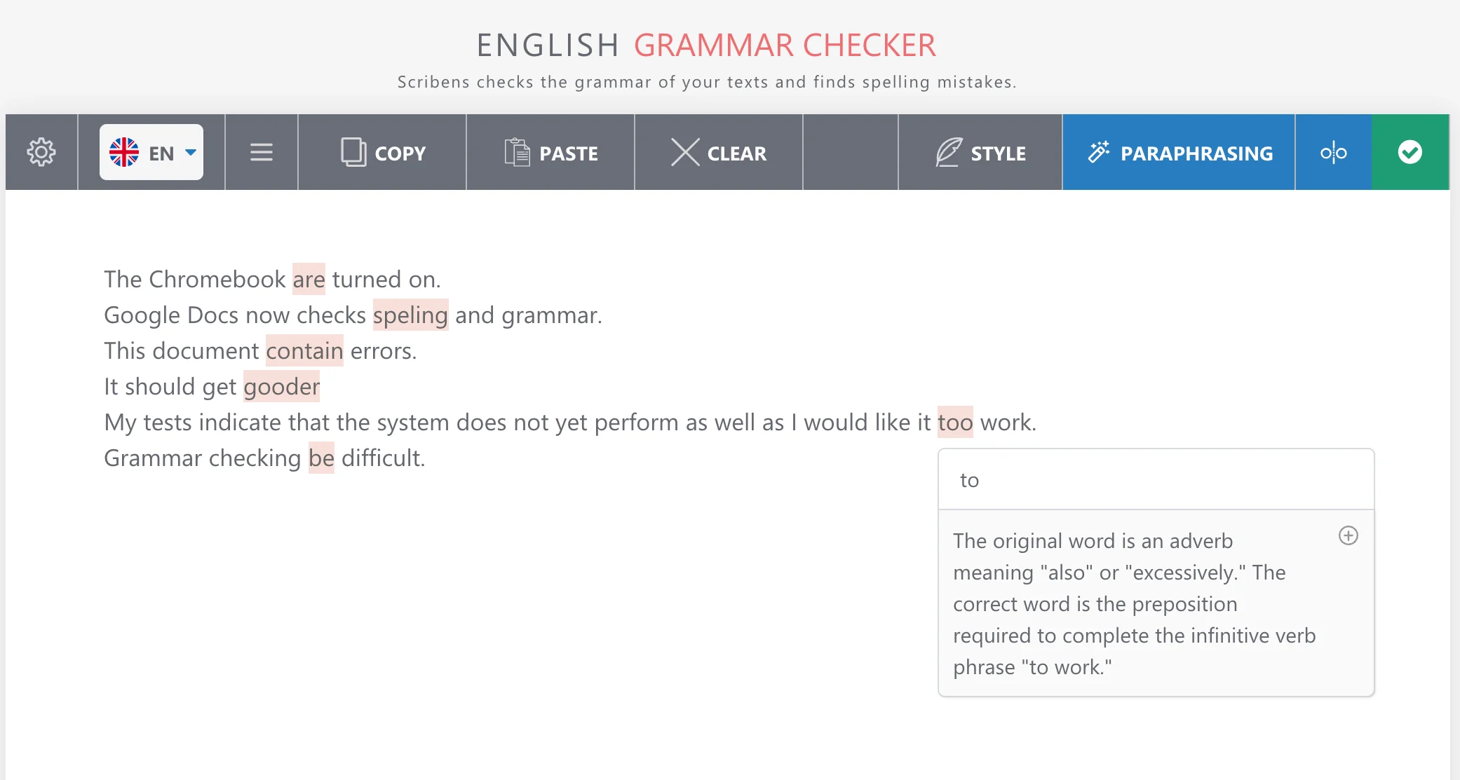 Scribens flags six grammar and spelling errors in the sample text and explains the correction from “too” to “to.”